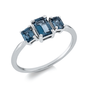 Ring aus 750 Gold Weißgold 3 Topase 1,1ct London Blue B:12,5mm 4er-Krappe