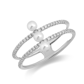 Ring aus 750 Weißgold 3 Süßwasser-Perlen 3mm weiß 54 Brillanten 0,19ct TW-SI