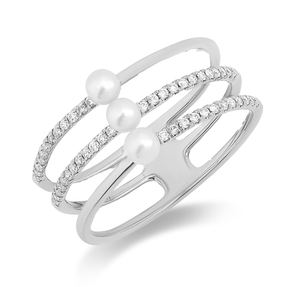 Ring aus 750 Weißgold 3 Süßwasser-Perlen 3mm weiß 48 Brillanten 0,17ct TW-SI