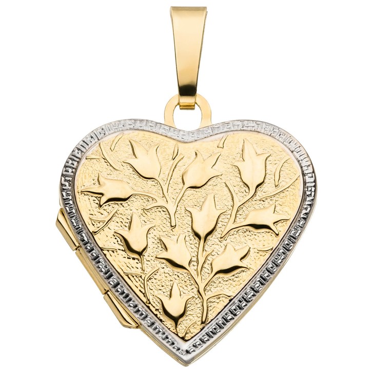 Medaillon Herz und Blumen aus 375 Gelbgold für 2 Fotos
