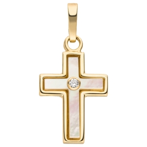 Anhänger Kreuz 15,7x9,8mm aus 375 Gelbgold mit Diamant-Brillant und Perlmutt