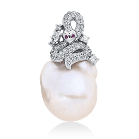 Anhänger Schlange aus 750 Weißgold 16mm Süßwasser-Perle barock mit Brillanten