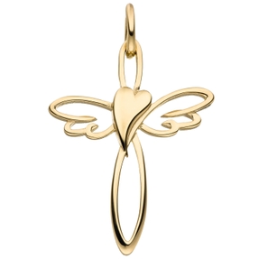 Anhänger Kreuz Engel Silhouette mit Herz 25,6x19,7mm 375 Gold Gelbgold