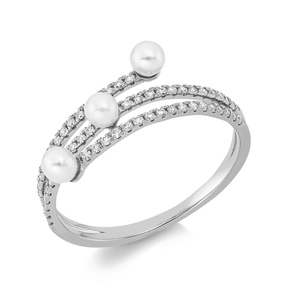 Ring aus 750 Weißgold 3 Süßwasser-Perlen 3mm weiß 58 Brillanten 0,21ct TW-SI
