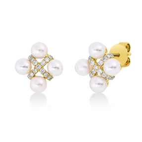 Ohrstecker 585 Gelbgold 8 Süßwasser-Perlen 4mm weiß 34 Brillanten 0,2ct W-SI/PI