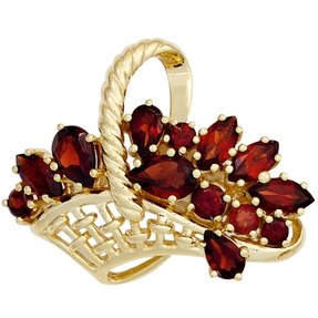 Brosche Anstecker Korb mit Blumen Granat rot 375 Gold Gelbgold Edelstein