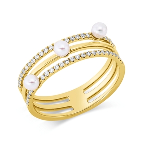 Ring 3-reihig aus 750 Gelbgold 3 Süßwasser-Perlen 3mm weiß mit Brillanten B:7mm