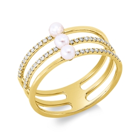 Ring 3-reihig 750 Gelbgold 3 Süßwasser-Perlen 3mm weiß mit Brillanten B:8,9mm