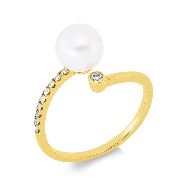 Ring aus 750 Gelbgold Süßwasser-Perle 10 Brillanten 0.09ct
