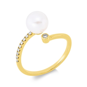 Ring offen aus 750 Gelbgold Süßwasser-Perle 7mm weiß 10 Diamanten 0,09ct TW-PI