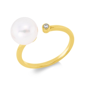 Ring offen aus 750 Gelbgold Süßwasser-Perle 8,5mm weiß Brillant 0,03ct TW-PI