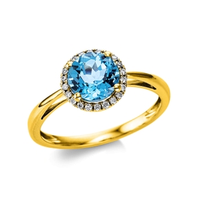 Ring aus 750 Gelbgold Topas 1,7ct blau 22 Brillanten 0,1ct TW-SI B:9mm 4er-Krappe