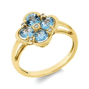 Ring Blume aus 750 Gelbgold 4 Topase 1,3ct blau 5 Brillanten 0,05ct TW-SI B:12,8mm Ring Blume aus 750 Gelbgold 4 Topase 1,3ct blau 5 Brillanten 0,05ct TW-SI B:12,8mm