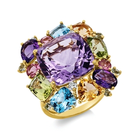 Ring 750 Gelbgold 18 Farbsteine 17,79ct mehrfarbig 3 Brillanten 0,12ct TW-SI B:23mm