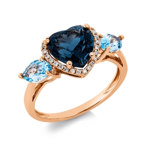 Ring Herz aus 750 Rotgold 3 Topase 3,5ct blau 26 Brillanten 0,1ct TW-SI B:9,9mm