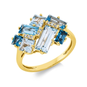 Ring aus 750 Gelbgold 7 Topase 3ct London Blue 8 Brillanten 0,05ct TW-SI B:13,4mm