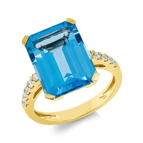 Ring aus 750 Gelbgold Topas 8ct blau 10 Brillanten 0,2ct TW-SI B:14,4mm 4er-Krappe