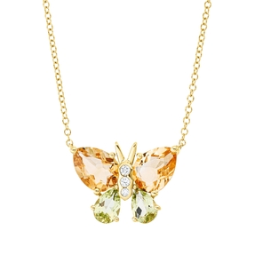 Collier Schmetterling 750 Gelbgold 4 Peridote 2,9ct grün 3 Brillanten 0,05ct TW-SI