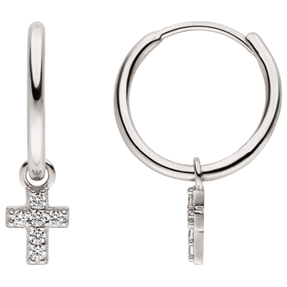 Paar Creolen Kreuz-Einhänger aus 925 Silber mit 12 Zirkonia Ohrringe
