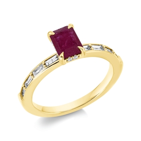 Ring aus 750 Gelbgold Rubin 1,1ct rot 20 Diamanten 0,4ct TW-SI B:7,5mm