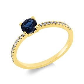 Ring aus 750 Gelbgold Saphir 0,69ct blau 20 Brillanten 0,13ct TW-SI B:5,1mm