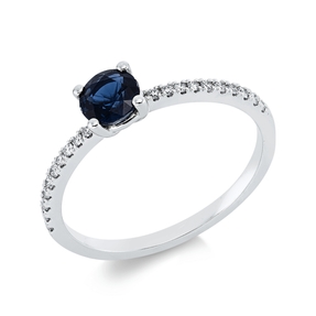 Ring aus 750 Weißgold Saphir 0,57ct blau 20 Brillanten 0,13ct TW-SI B:5,1mm