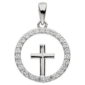 Anhänger Kreuz im Kreis Ø 16mm aus 925 Silber mit 27 Zirkonia Kreuzanhänger