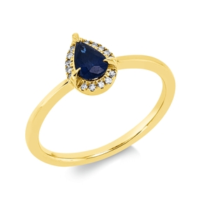 Ring aus 750 Gelbgold Saphir 0,45ct blau 15 Diamanten 0,04ct TW-SI B:7,8mm