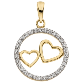 Anhänger Zwei Herzen im Kreis aus 333 Gold Gelbgold bicolor 31 Zirkonia Ø 15mm