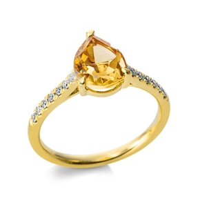 Ring aus 750 Gelbgold Citrin 1,65ct 14 Brillanten 0,16ct TW-SI B:10,1mm 3er-Krappe