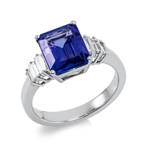 Ring 750 Weißgold Tansanit 3,87ct blau 6 Diamanten Baguette-Schliff 0,4ct TW-SI