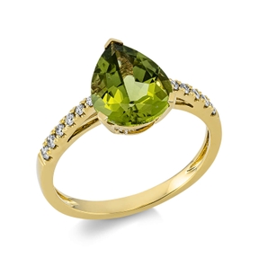 Ring aus 750 Gelbgold Peridot 2,7ct grün 12 Brillanten 0,14ct TW-SI B:10,7mm