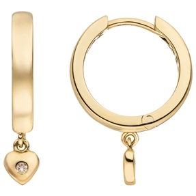 Ohrringe Creolen mit Herzen 333 Gold Gelbgold 2 Zirkonia 21,3x2,8mm glänzend