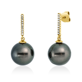 Ohrstecker aus 750 Gelbgold 2 Südsee-Perlen 12mm dunkel 18 Brillanten 0,1ct TW-SI