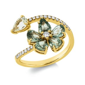 Ring aus 750 Gelbgold 6 Saphire 2,56ct grün 20 Diamanten 0,16ct W-PI B:15mm
