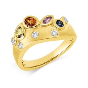 Ring aus 585 Gelbgold 4 Saphire 0,65ct mehrfarbig 5 Brillanten 0,17ct TW-SI B:9,5mm