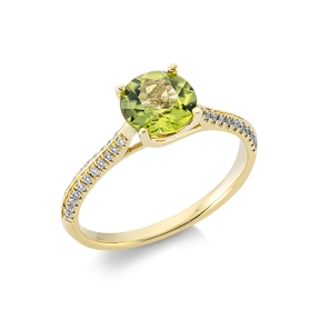 Ring aus 750 Gelbgold Peridot 1,51ct grün 44 Brillanten 0,14ct TW-SI Ø7mm