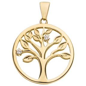 Anhänger Baum Lebensbaum aus 333 Gold Gelbgold mit 2 Zirkonia Ø 19,1mm