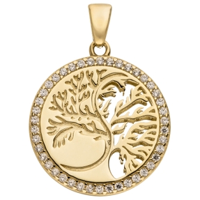 Anhänger Baum Lebensbaum rund 333 Gold Gelbgold mattiert 42 Zirkonia Ø 18,2mm