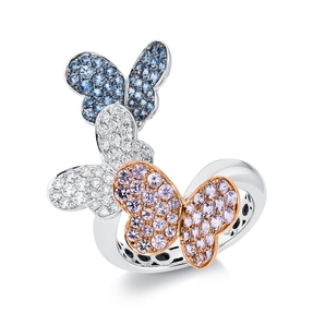 Ring Schmetterling aus 750 Gold weiß/rot 76 Saphire 1,34ct pink mit Brillanten