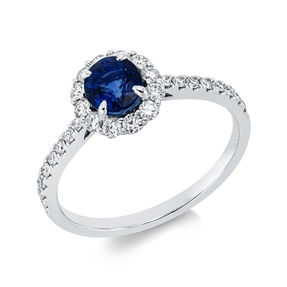 Ring aus 750 Weißgold Saphir 1,03ct blau 28 Brillanten 0,37ct TW-SI B:8,5mm