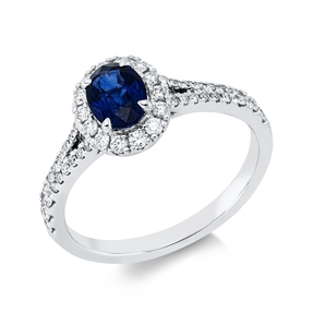 Ring aus 750 Weißgold Saphir 0,8ct blau 44 Brillanten 0,36ct TW-SI B:9mm