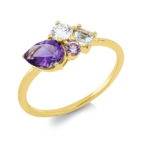 Ring aus 750 Gelbgold 3 Amethyste 0,83ct lila Brillant 0,18ct TW-SI B:7,8mm