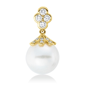 Anhänger aus 585 Gelbgold Süßwasser-Perle 9mm weiß 10 Brillanten 0,16ct W-SI/PI