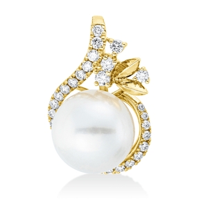 Anhänger aus 585 Gelbgold Süßwasser-Perle 9mm weiß 29 Brillanten 0,26ct W-SI/PI