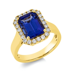 Ring aus 750 Gelbgold Tansanit 3,66ct blau 22 Brillanten 0,39ct TW-SI B:14,6mm