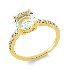 Ring aus 750 Gelbgold Amethyst 1,54ct grün 12 Brillanten 0,19ct TW-SI B:8,1mm