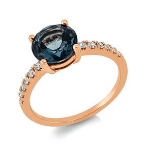 Ring aus 750 Rotgold Topas 2,29ct London Blue 12 Brillanten 0,2ct TW-SI B:7,9mm