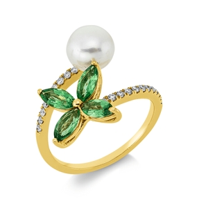 Ring 750 Gelbgold Süßwasser-Perle 7mm weiß 4 Tsavorithe 1,04ct grün B:16,7mm