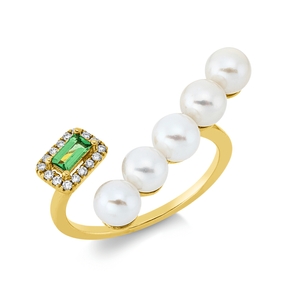 Ring 750 Gelbgold 5 Süßwasser-Perlen 4,5mm weiß Tsavorith 0,13ct grün B:12mm